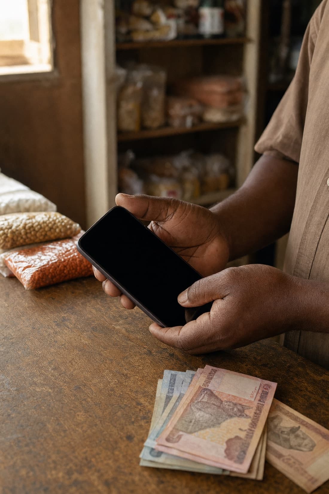 Mfanyabiashara akitumia simu yake dukani